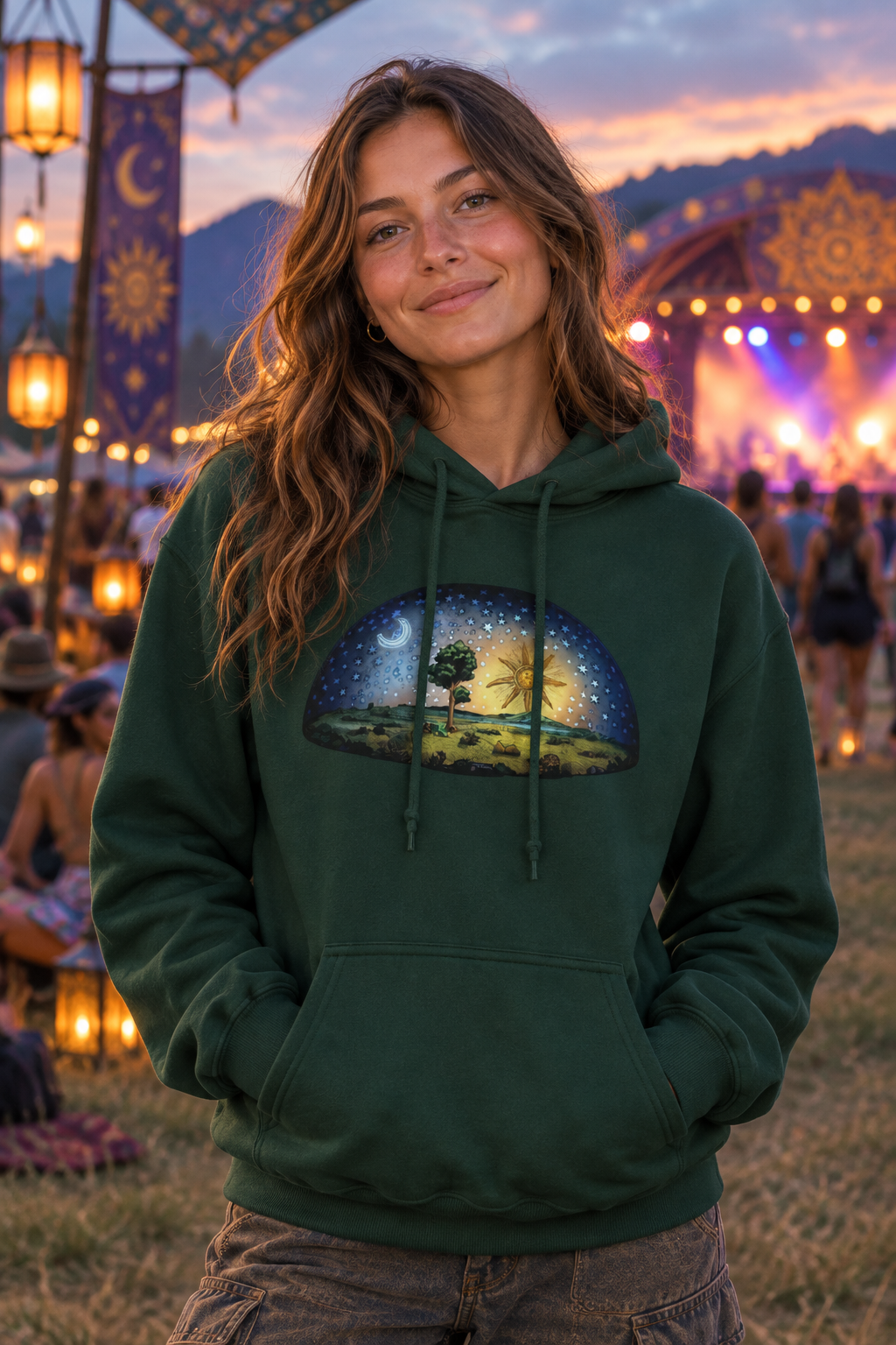 Vriendelijke volwassen vrouw draagt de Forest Green Shape does mather-hoodie op een spiritueel festival