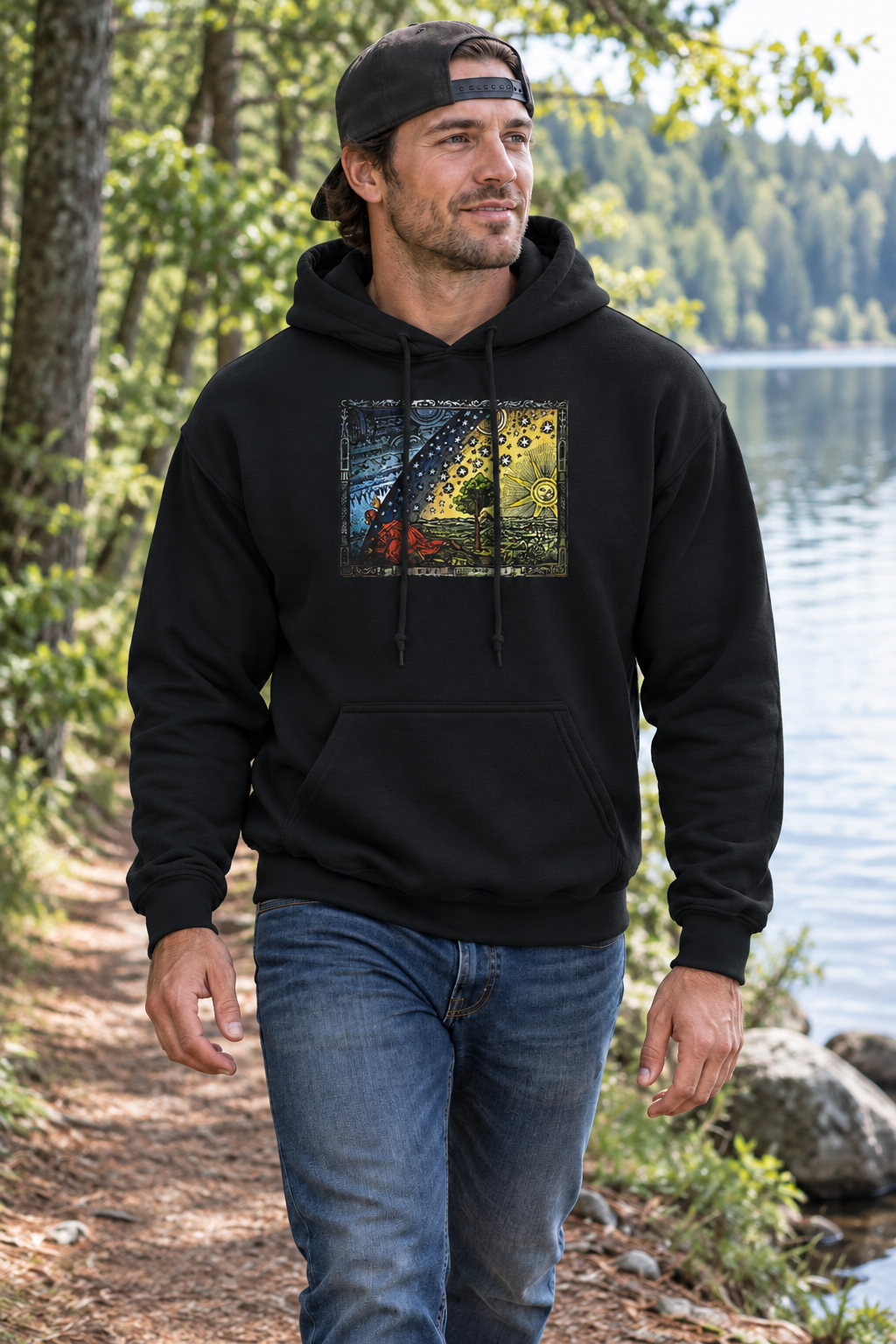 Stoere man met pet achterstevoren wandelt langs een meer in een bosgebied met een zwarte Shape Matters Gildan 18500 hoodie
