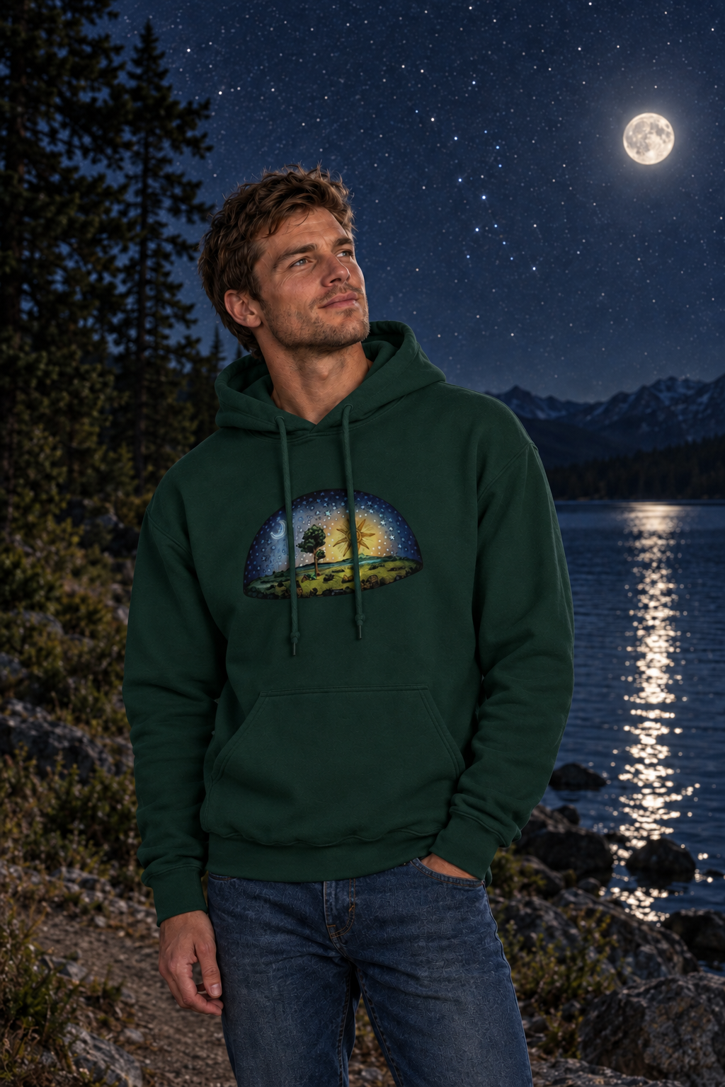 Europees mannelijk model draagt de Forest Green Shape does mather-hoodie onder een heldere sterrenhemel met maan