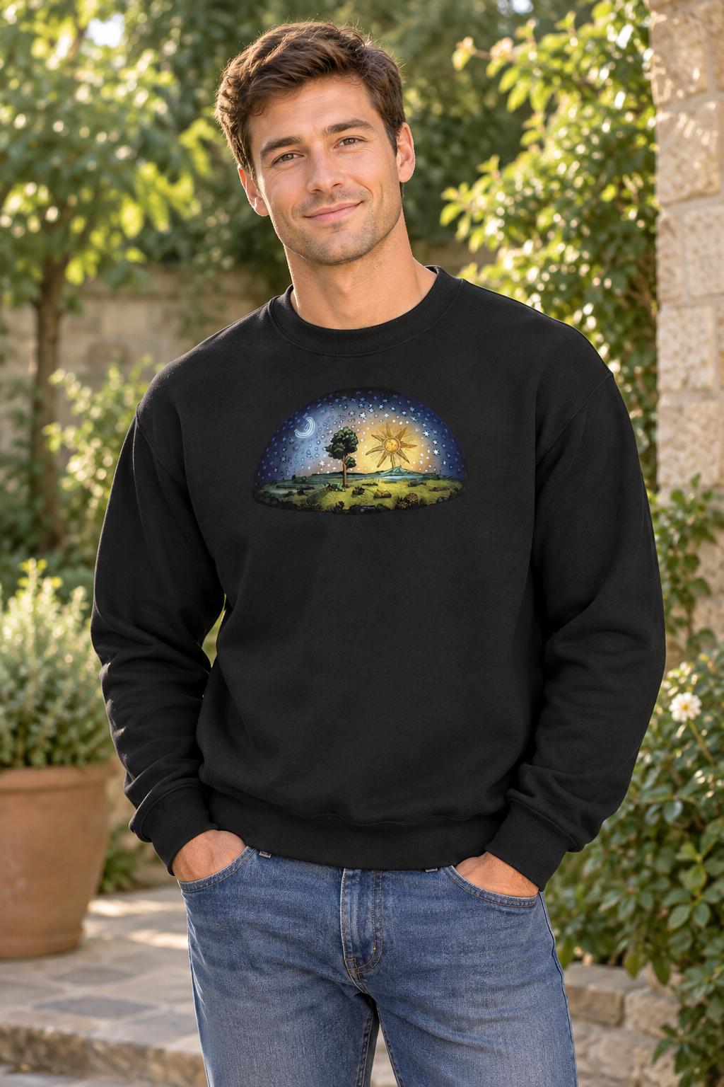 Vriendelijke 25-jarige man poseert in de zwarte Shape does Matter-sweatshirt in een groene tuin