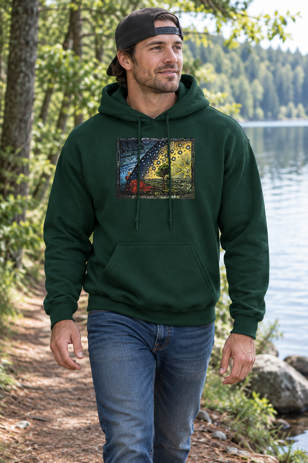 Stoere man met pet achterstevoren wandelt langs een meer in een bosgebied met een Forest Green Shape Matters Gildan 18500 hoodie